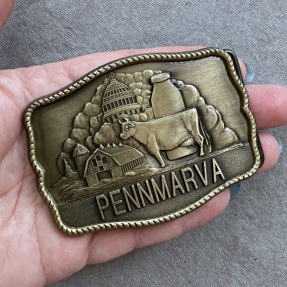 Brass Belt Buckle PENNMARVA Cow Milk Farm Capital Courtesy of Diversey Wyandotte - Picture 1 of 6